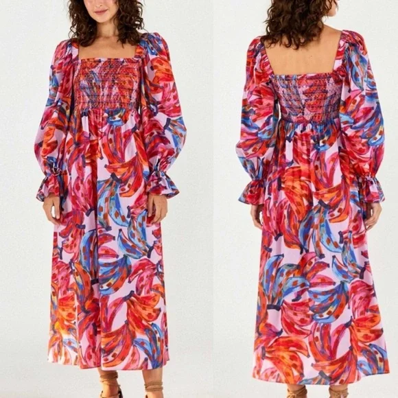 Farm Rio Colored Bananas Smocked Midi Dress - Picture 2 of 9